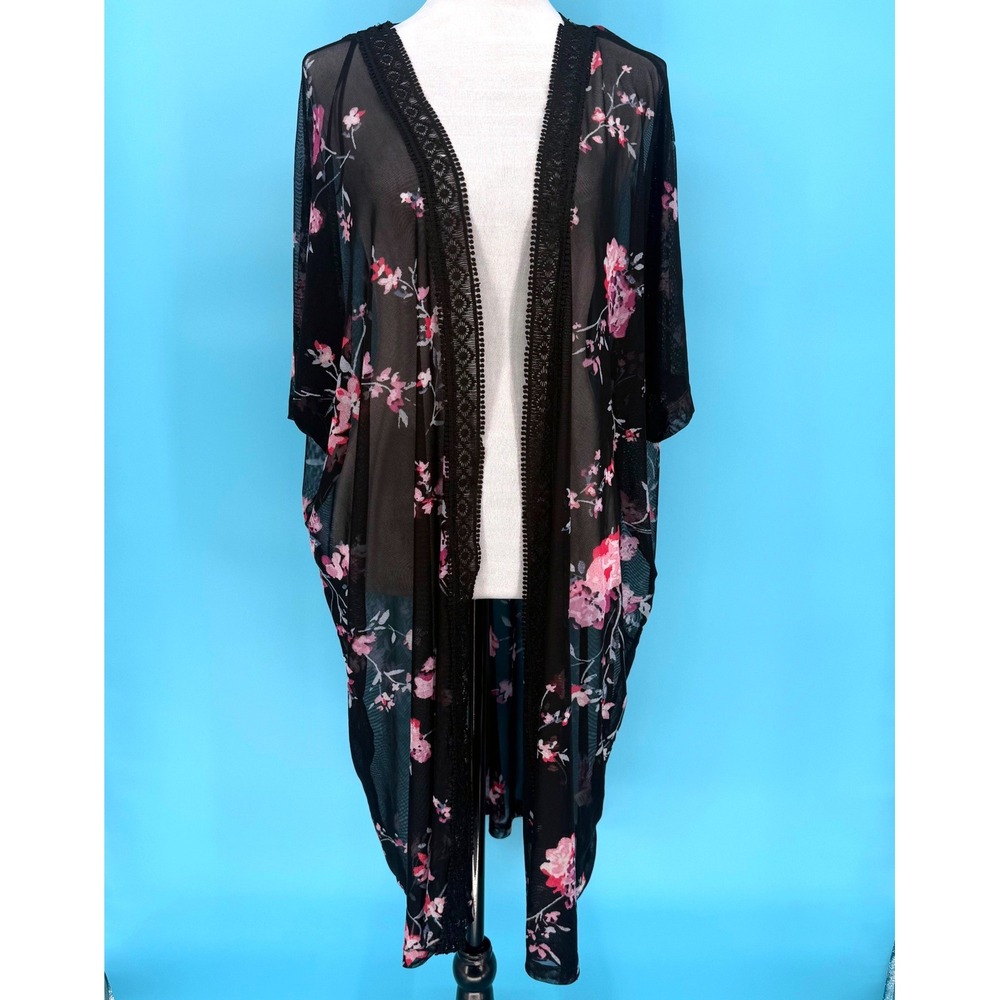Moral Fiber Womens 1X Floral Mesh Kimono Cardigan Black Pink‎ Lace Trim Whimsy